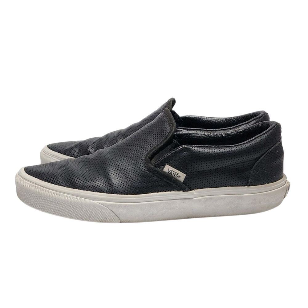 Vans Black Perforated Leather Flat Comfort Slip-On Sneakers Men's 8.5 Women's 10 - Picture 3 of 8